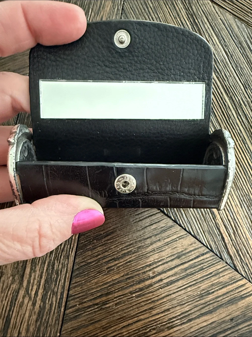 Brighton Black Croc Embossed Leather Lipstick Case Heart Snap Mirror Makeup Hold